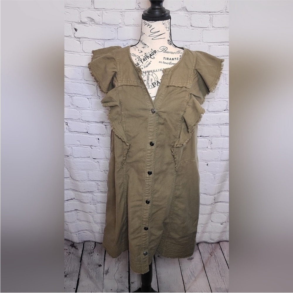 Pilcro Flutter-Sleeve Buttondown Tunic Dress in Moss Brown - Size L - Picture 3 of 14